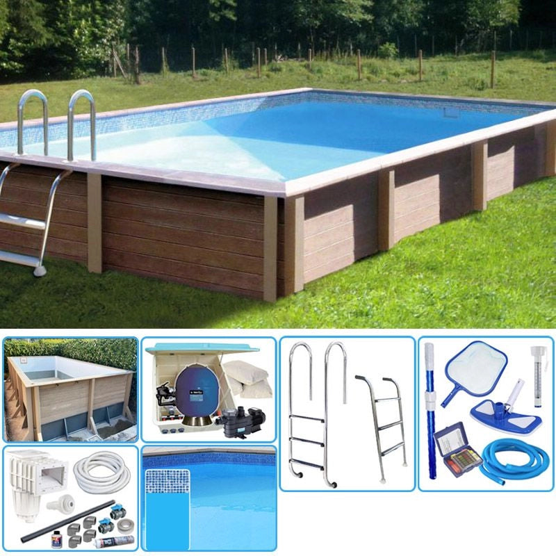 Piscina in pietra ricostruita effetto legno NATURALIS 7,50 x 3,24 x h 1,40 m Tipo filtrazione: Filtrazione a sabbia + Locale Tecnico