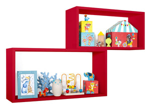 Set 2 Mensole Cubo da Parete Rettangolare in Fibra di Legno Bislungo Rosso