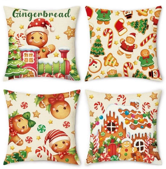 Set di cuscini a forma di uomini di peperoncino - decorazione di Natale - fiocchi di neve - confezione da 4 pezzi - realizzati con lino-polyester - disegno di chiusura a zip nascosto - copri cuscino