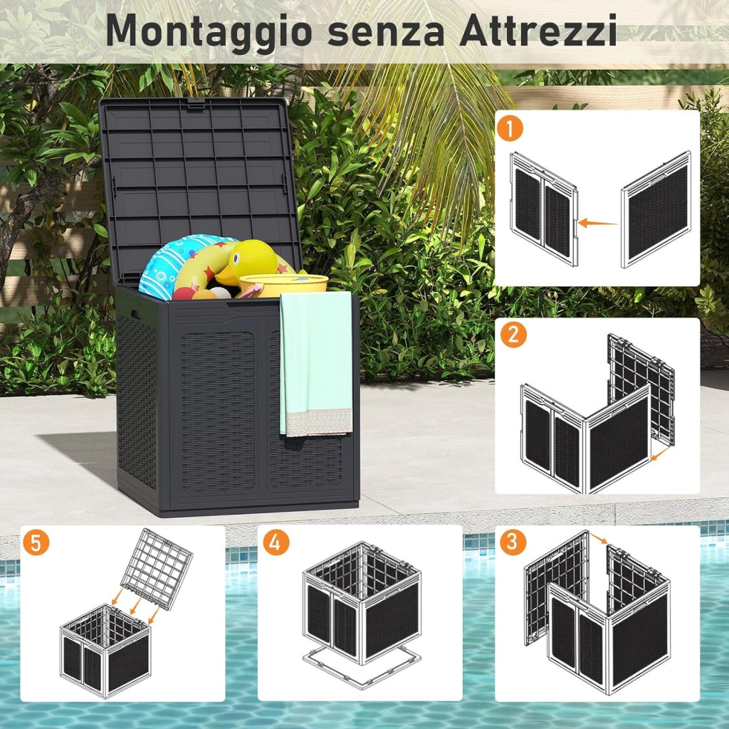 Baule da Esterno 145 L, Cassapanca Contenitore Impermeabile con Effetto Rattan, Coperchio Bloccabile e Maniglie, per Giardino, Patio e Piscina, 56 x 56 x 60,5 cm (Marrone)