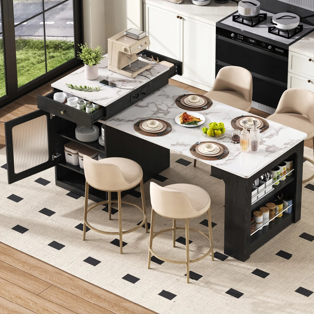 Isola da Cucina con Ruote 80x151x92 cm; Tavolo Estensibile con Prese Elettriche; Mobile Multiuso Nero e Bianco