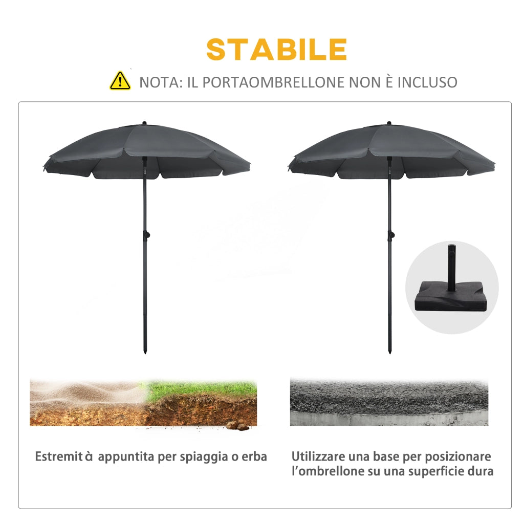 EasyComfort Ombrellone da Spiaggia 1.8x2 m, in Poliestere e Acciaio a 8 Stecche con Reclinazione a 45°, Grigio