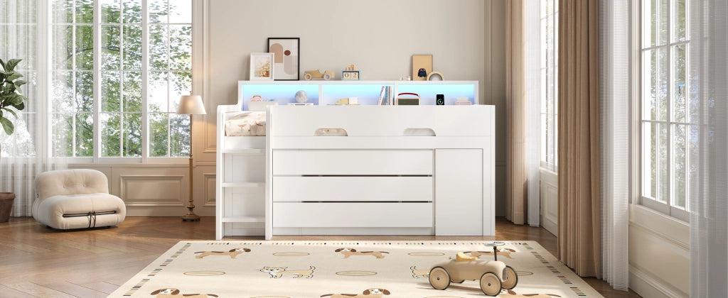 Letto a soppalco basso 90 × 200 cm con 3 cassetti, scrivania mobile, ripiani e LED, senza materasso, bianco