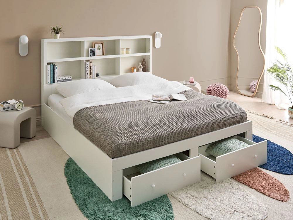 Letto matrimoniale in legno con contenitori a 2 cassetti e ripiani bianco 180 x 200 cm stile minimalista