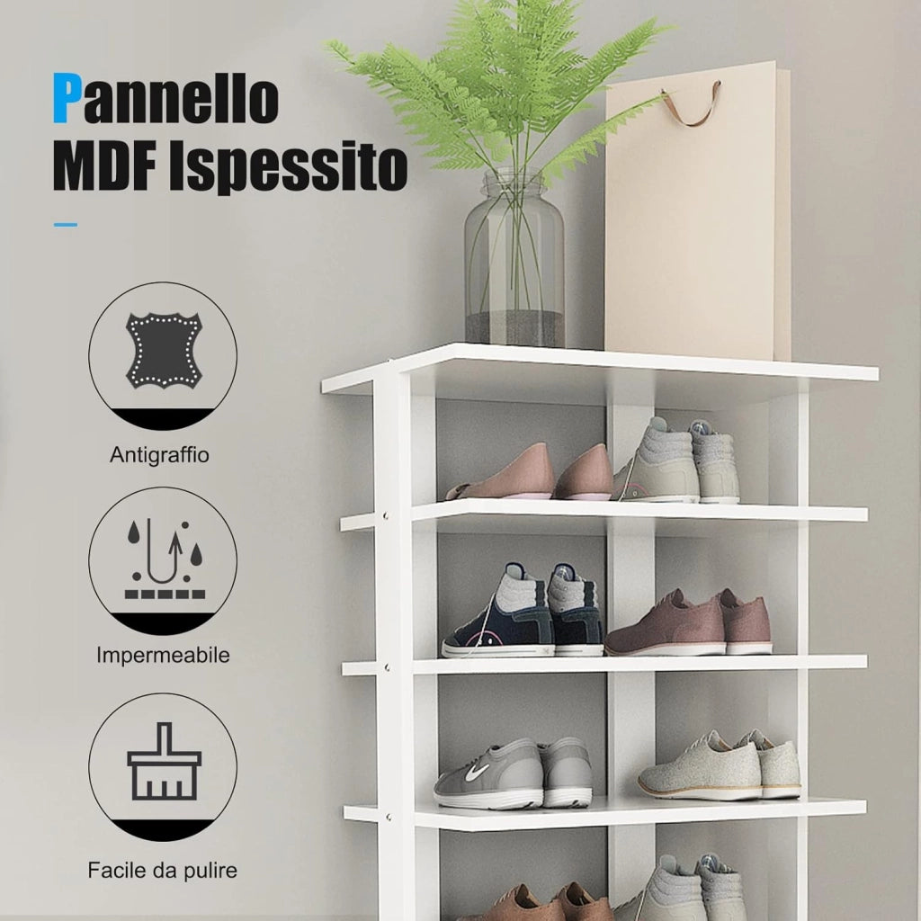Scarpiera Verticale a 7 Livelli, Organizer per Scarpe in Stile Retrò, con Pannello Rimovibile, Scaffale per Scarpe per Corridoio Ingresso Armadio, 45x25x110 cm (Bianco)