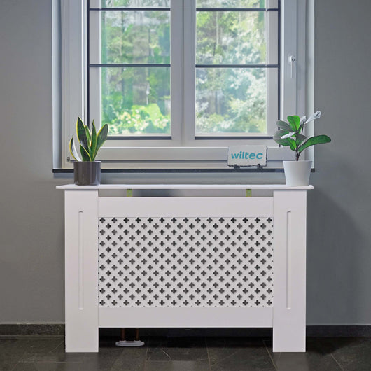 Toboli Copritermosifoni in legno bianco 78 x 19 x 82 cm, copri termosifone in MDF, pannello in legno per radiatori, elegante mobile copritermosifone