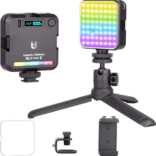 Luce per Fotocamera - Luce per Videocamera RGB (64 perle LED) - Mini Luce per Fotocamera LED - Full-Color - 2500-9000K - Luce per Fotografia Portatile con Batteria Ricaricabile 2000mAh per Vlogging, Fotografia, Videoconferenza