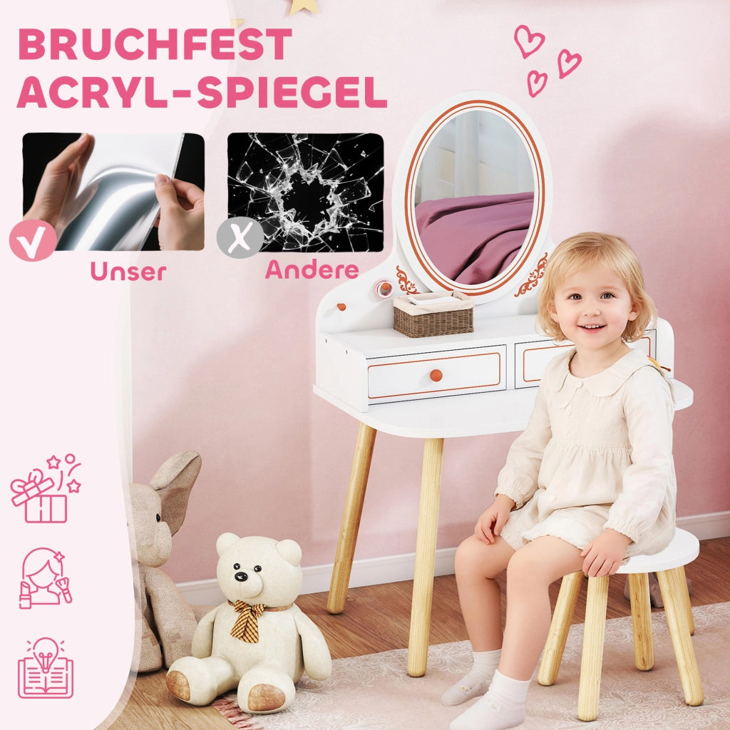 Tavolo trucco e toeletta per bambini con specchio, cassetti e sgabello ¨C Minimal ¨C 56x38x87,8 cm bianco