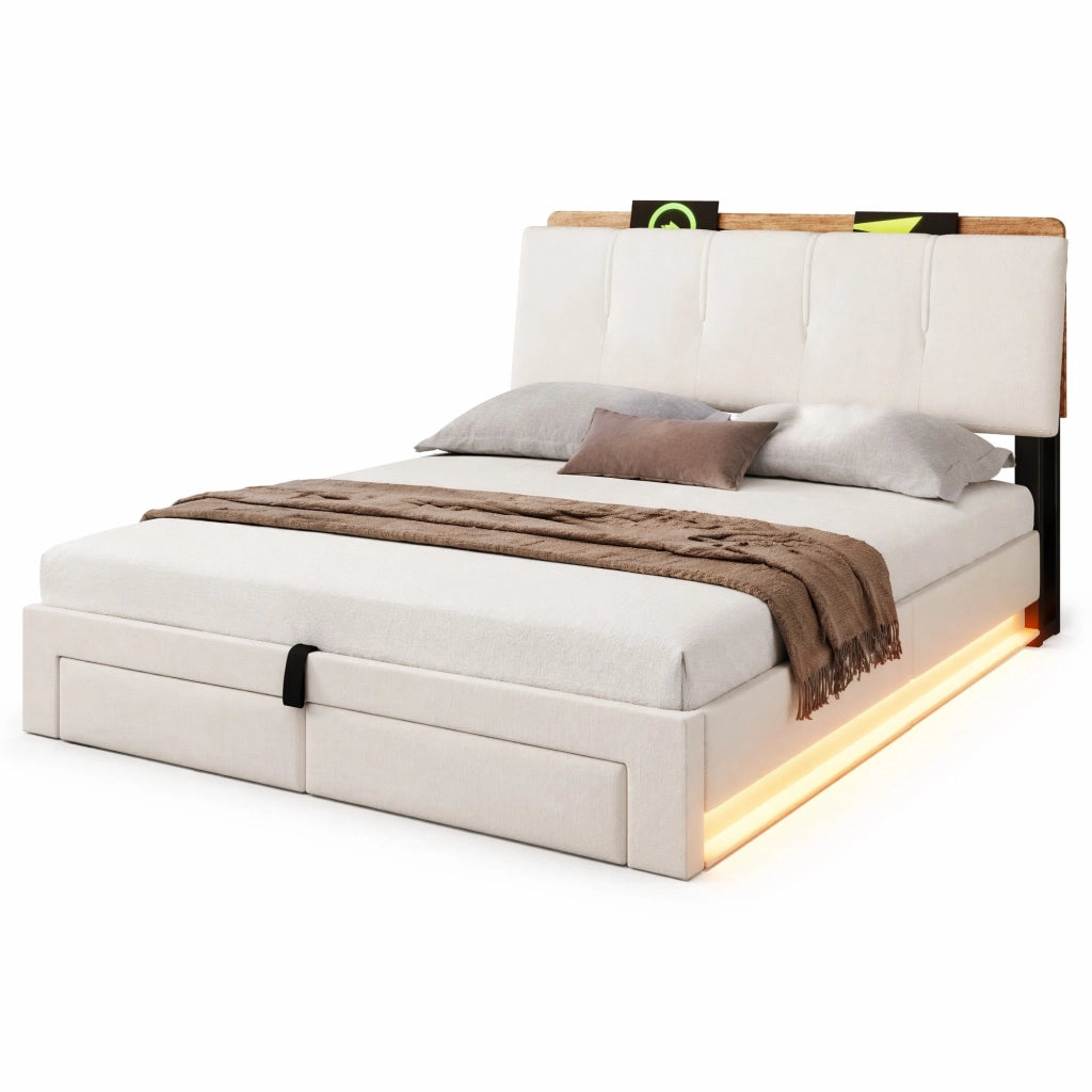 Letto matrimoniale imbottito 140x200 cm con contenitore idraulico; LED; USB e Type-C; beige in lino