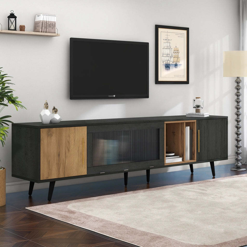 Mobile TV con 2 Ante; Anta a Ribalta in Vetro e Vano a Giorno; Passacavi; in MDF; 200¡Á40¡Á55;5 cm; Grigio
