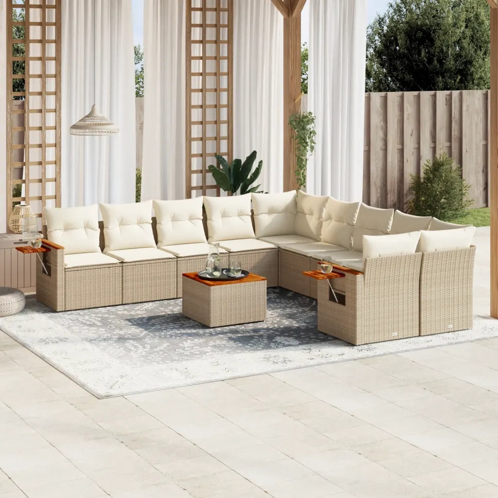 Set Divani da Giardino 11 pz con Cuscini Beige in Polyrattan