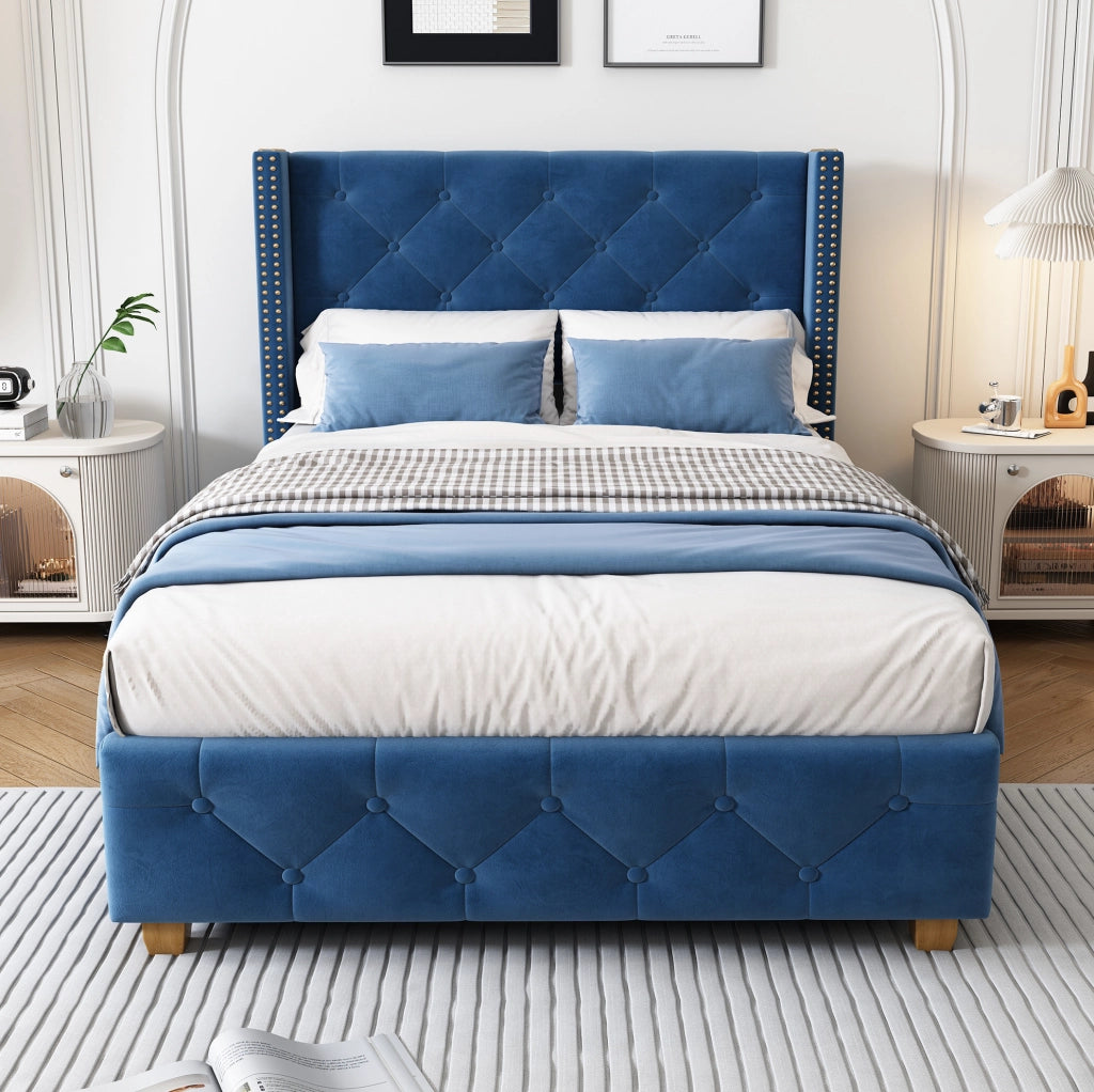 Letto imbottito 90x200 cm in velluto blu con rete a doghe