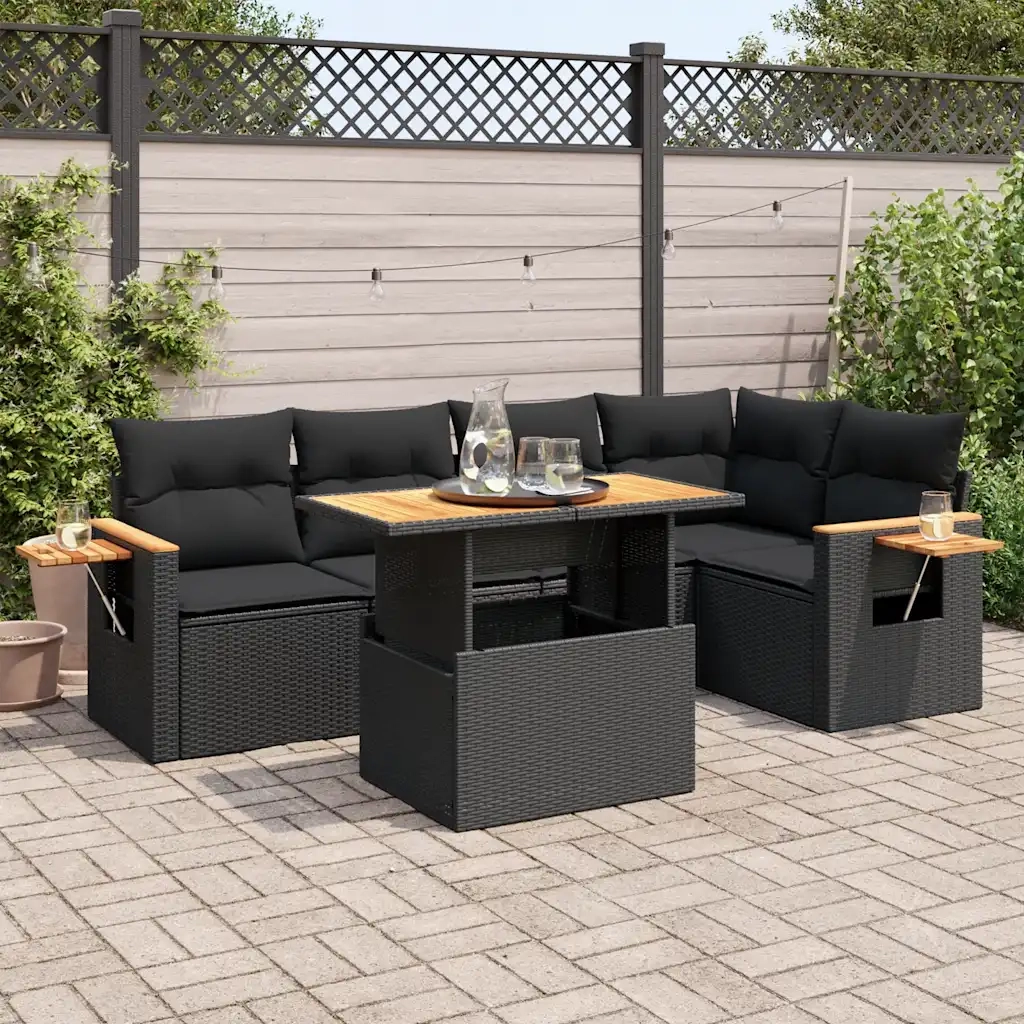 Set Divano da Giardino 6 pz con Cuscini Nero Polyrattan Acacia
