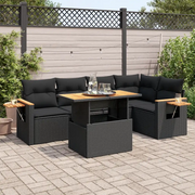Set Divano da Giardino 6 pz con Cuscini Nero Polyrattan Acacia