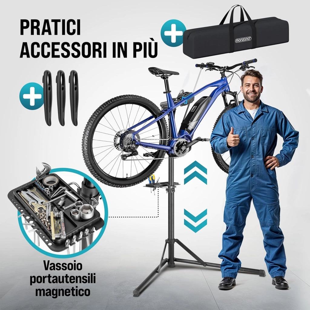® Cavalletto Riparazioni Biciclette fino a 50kg Borsa Trasporto Pieghevole Asta Regolabile Montaggio Bici Elettriche E-Bike Officina