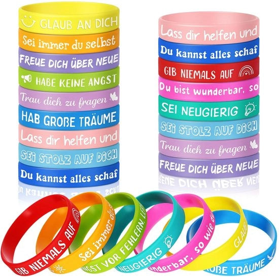 Bracciali motivazionali per bambini e ragazzi - 24 pezzi - Materiali siliconici - Messaggio ispiratore - Dimensioni 18 cm - Per bambini e studenti - Ideali come regali di compleanno