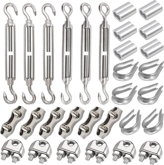 Set di viti a spillo M5, 30 pezzi, con vite a spillo doppia M5, morsetto a cavo 3 mm in acciaio inossidabile, cavo elettrico 3 mm e morsetto a cavo 3 mm in alluminio per cavo teso.