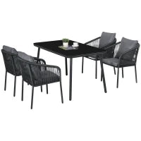 Set da Giardino per 4 Persone in Rattan PE con Sedie Impilabili e Cuscini, Piano in Vetro Temperato, Struttura in Alluminio, Grigio