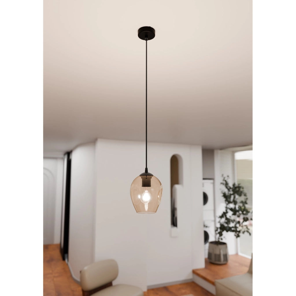 Lampada a sospensione ISTAR in acciaio nero e vetro ambra