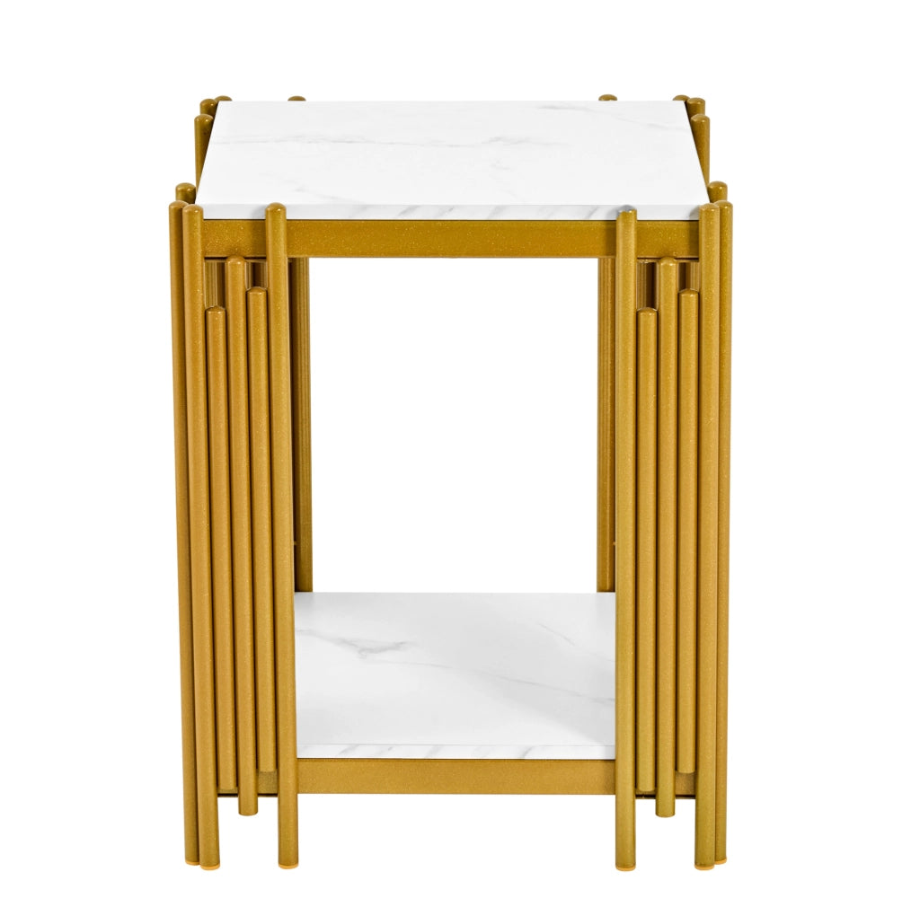 Tavolino con 2 ripiani in MDF effetto marmo e metallo; bianco e oro