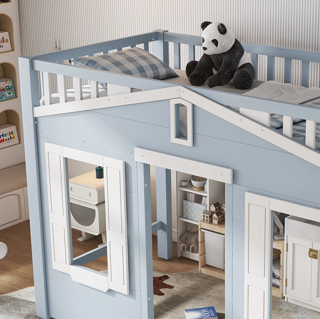 Letto a soppalco per bambini 90x200 cm bianco e blu con scala reversibile