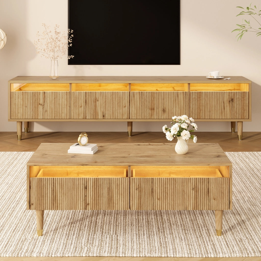 OKWISH Set di 2 Mobili da Soggiorno con Mobile TV e Tavolino con LED, 4 Ante e 2 Cassetti, MDF Legno