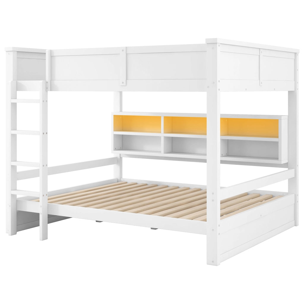 Letto a Castello 160x200 cm - 6 Armadietti; LED Regolabile - in MDF e Legno - Bianco