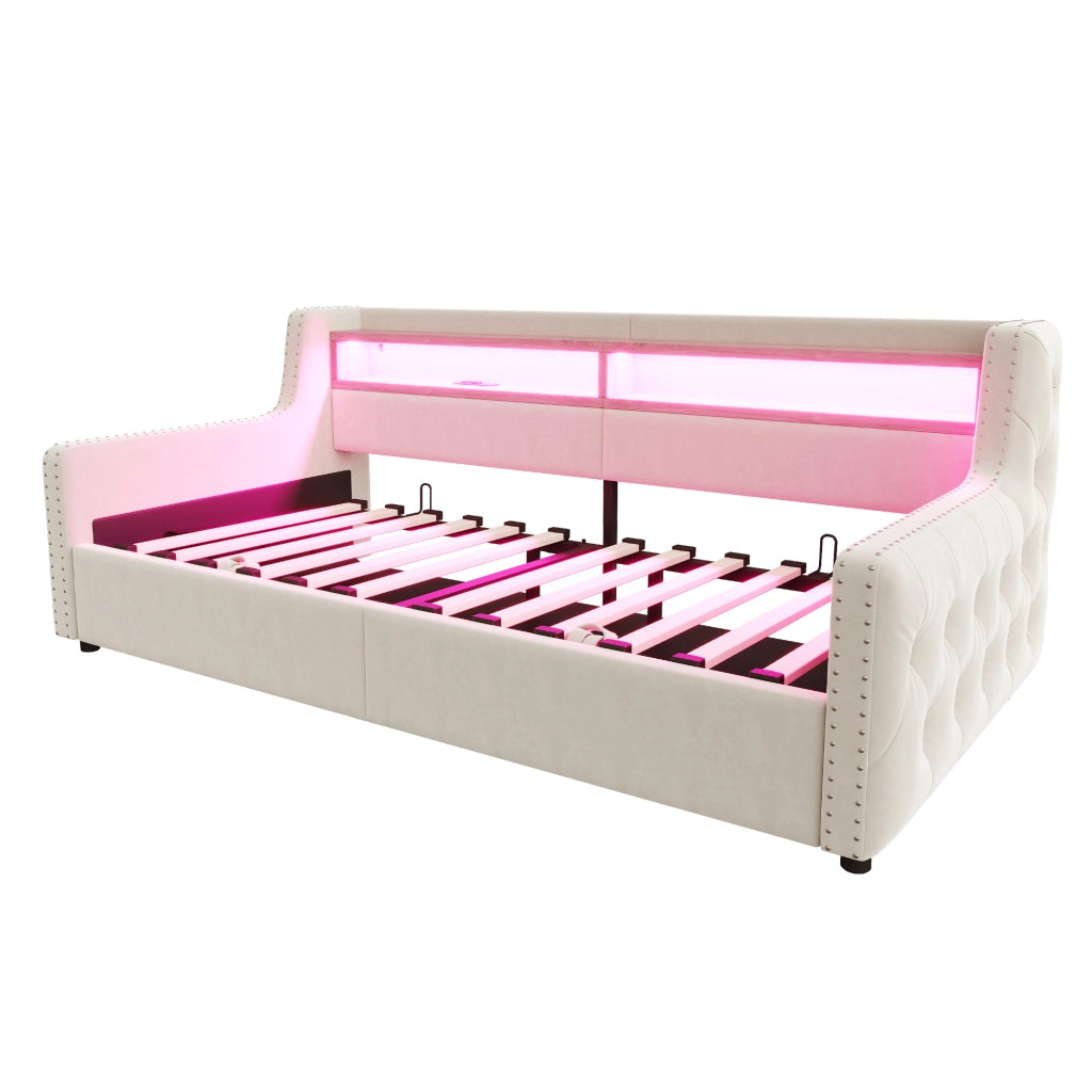 Divano letto imbottito 90 x 200 cm con contenitore idraulico, rete a doghe e LED, beige