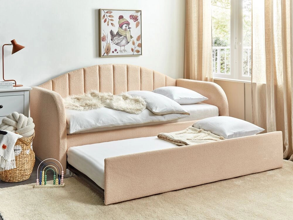 Letto a scomparsa Peach Pink Boucle EU Base a doghe singola Letto da giorno imbottito 90 x 200 cm Glamour Moderno Camera del bambino Camera degli ospiti