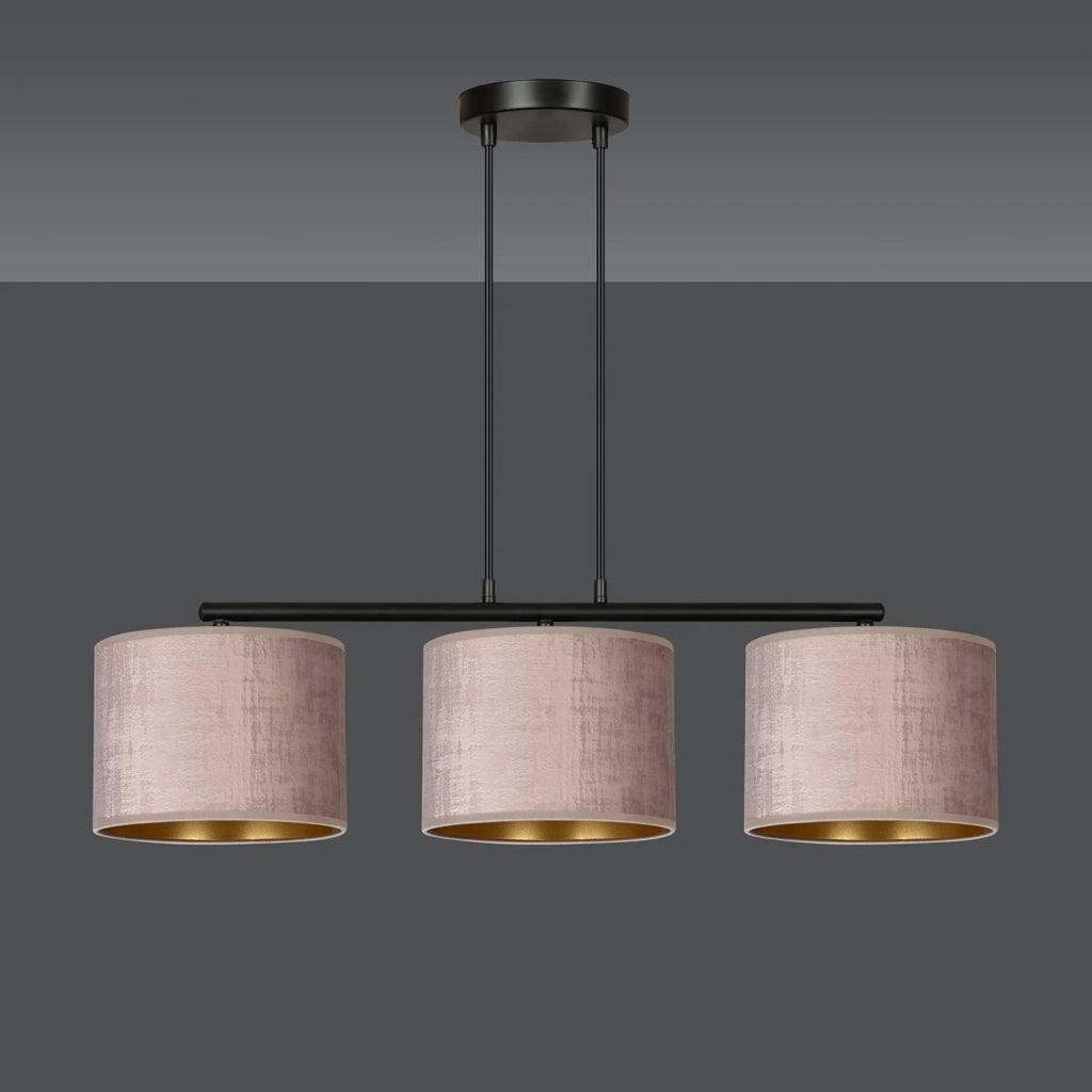 Lampadario 3 Luci Ganesha In Acciaio Nero E Paralumi In Tessuto Rosa