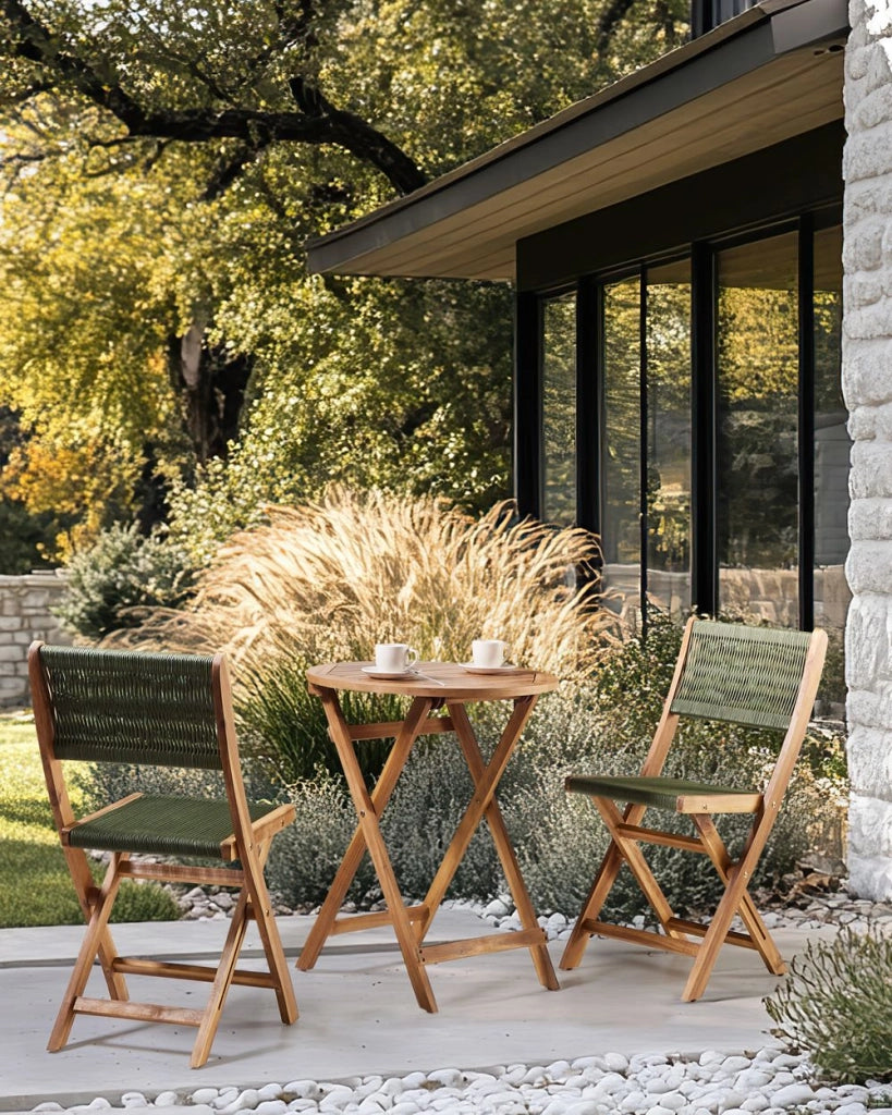 Set di 2 sedie da giardino pieghevoli in legno di acacia con schienale in corda verde stile classico tradizionale