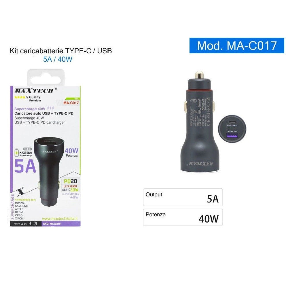 Trade Shop - Caricatore Caricabatteria Per Auto Usb / Type-c Pd 5a Superchange 40watt Ma-c017 -