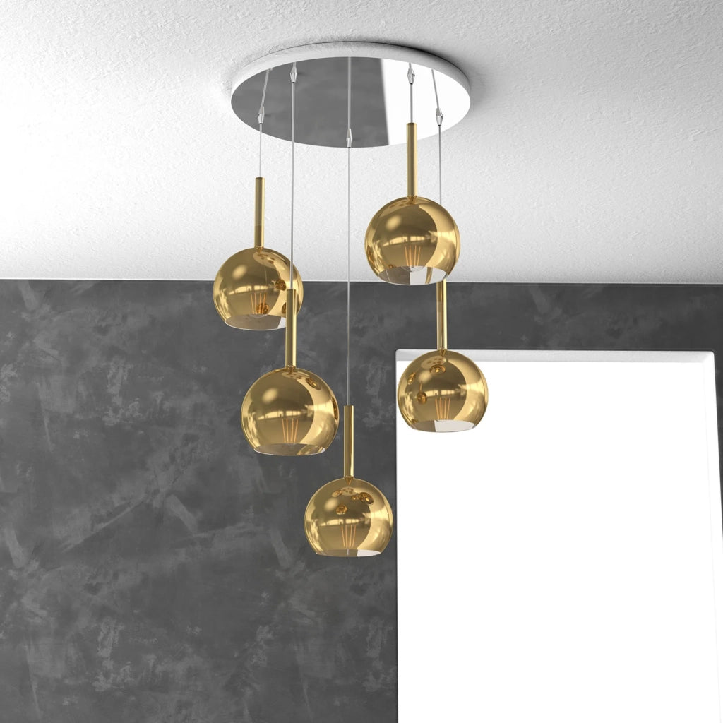 Lampadario Contemporaneo Future Metallo Cromo Vetro Oro 5 Luci E27