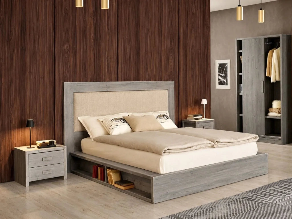 Letto cortina matrimoniale in legno di abete grigio con vani laterali - Mobili 2G