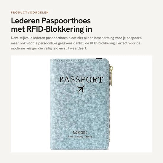 Portafoglio di viaggio con blocco RFID - Portafoglio in pelle - Portamonete di viaggio - Leggero - Blu - 17 x 11 x 2 cm - Portafoglio per documenti di viaggio