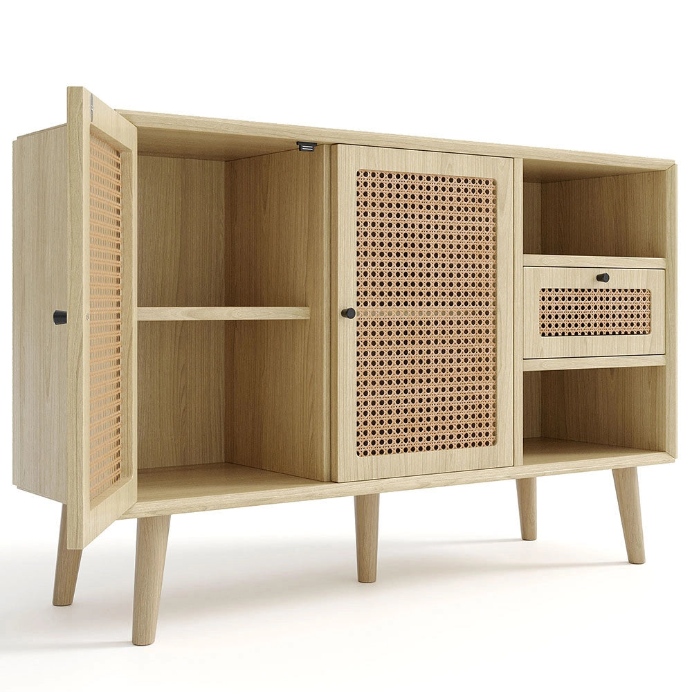 Buffet commode con 1 cassetto e 2 ante magnetiche cannage in rattan sulle ante, ripiani regolabili - Xylo