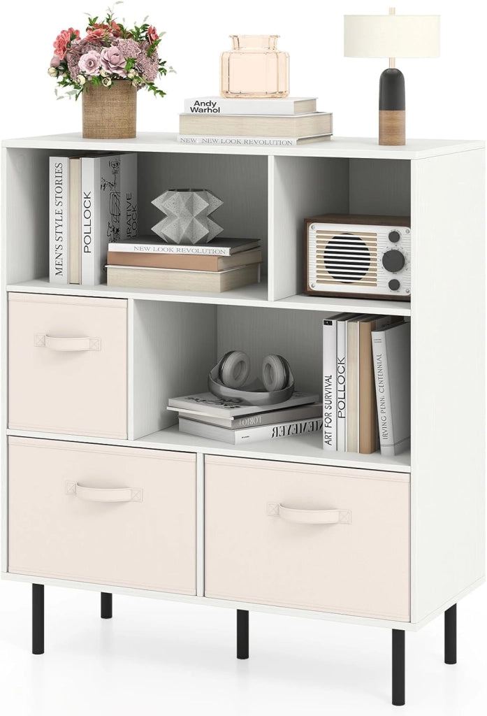 Libreria a 6 cubi, 3 ripiani, con 3 cesti in tessuto pieghevoli rimovibili e 2 protezioni antiribaltamento, libreria autoportante per casa e ufficio, 90 x 40 x 105 cm