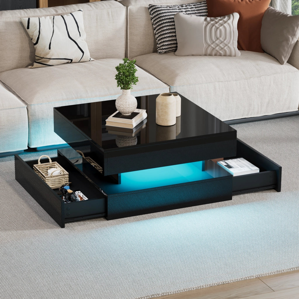 Tavolino da Salotto Alzabile Quadrato con 2 Cassetti e LED; Finitura Lucida; Vano Contenitore Nascosto; in Pannelli di Particelle; 65×65×38;5 cm; Nero