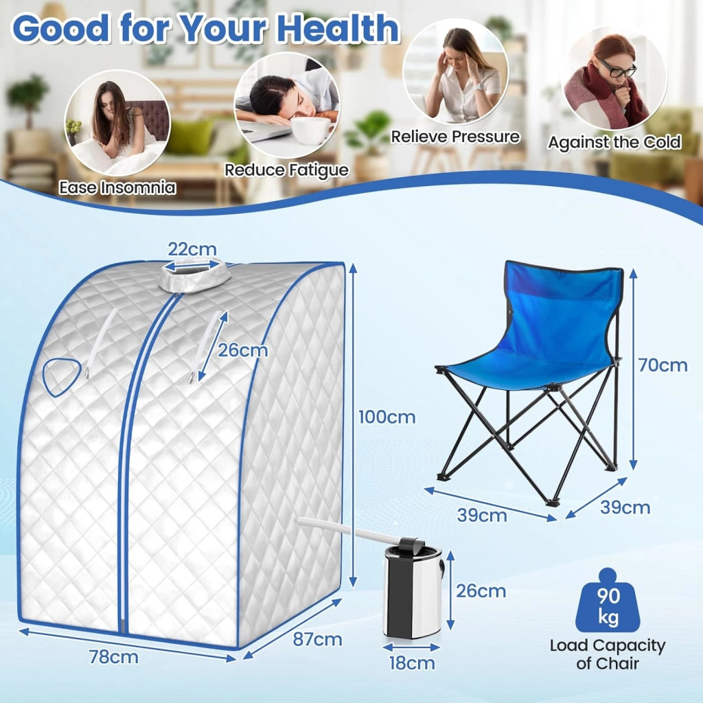 Sauna a Vapore Portatile 3 L, Cabina Domestica per SPA, 9 Temperature Regolabili, 15-90 Minuti, Telecomando e Sedia, 1000W (Argento)