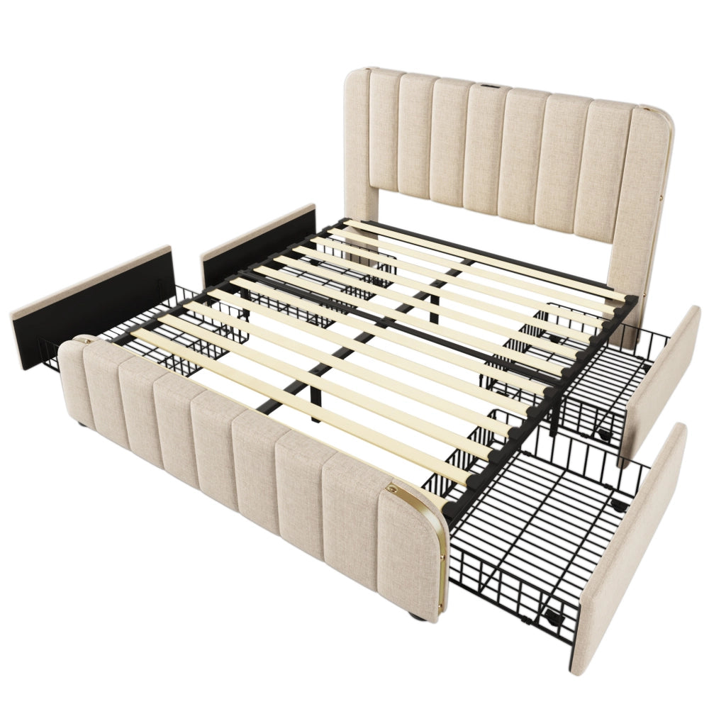 Letto matrimoniale 140x190 cm; testiera con ricarica USB e Type-C; lino e legno; beige (Senza materasso)