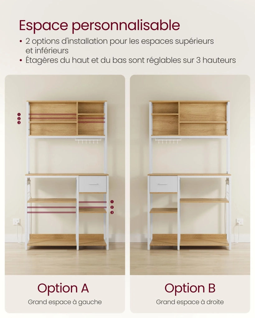 Mensola da cucina con multipresa bar con ripiani regolabili cassetto in tessuto 12 ganci 40 x 100 x 180,4 cm supporto per microonde bianco 12_0005655