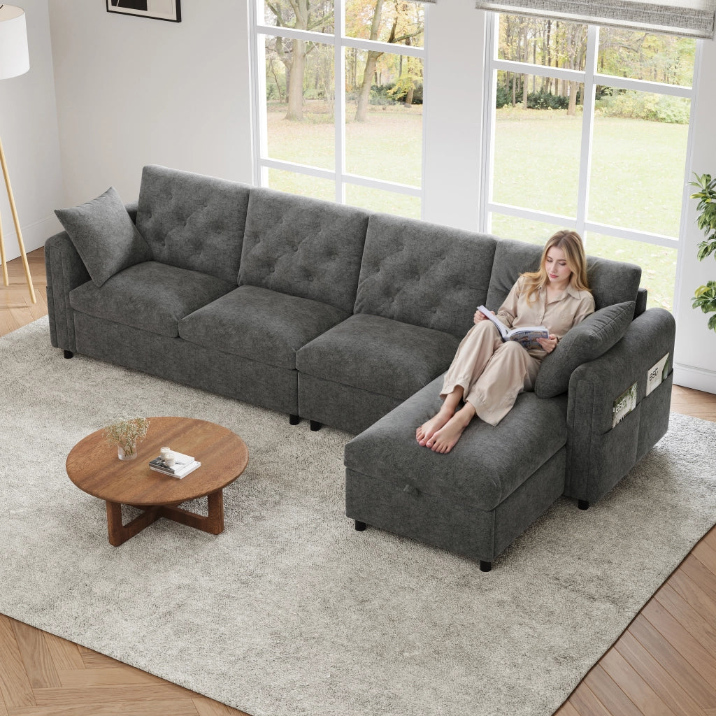 Divano angolare letto con vano contenitore e configurazione reversibile in velluto grigio