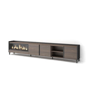 Mobile TV Soggiorno, 315x61x35 cm, Per TV fino a 80", Camino elettrico XXL, Design industriale, Rovere scuro e Nero