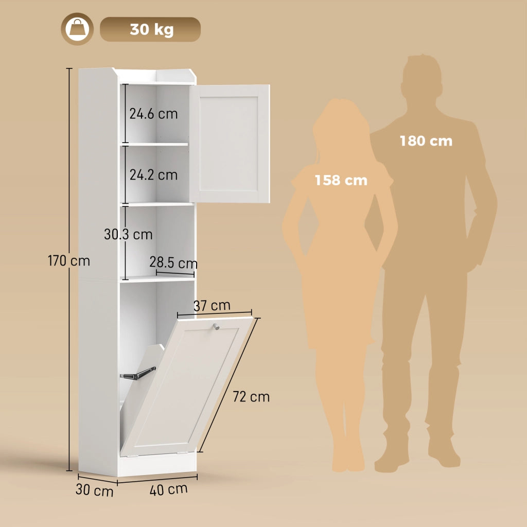 Mobile Bagno Alto con Cesto a Ribalta e Mensole, 40x30x170 cm, Bianco