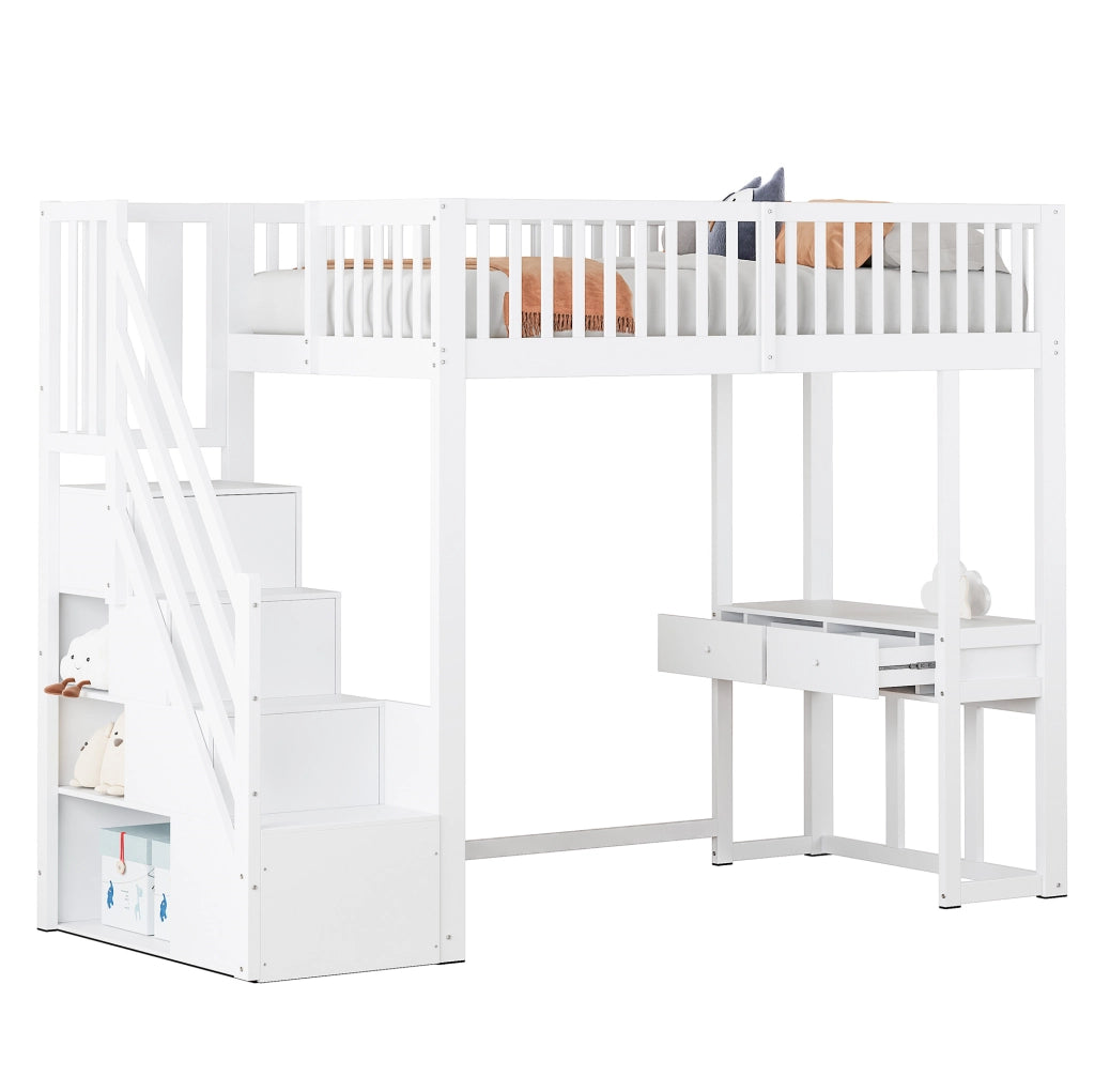 Letto a soppalco 90x200 cm con tavolo multifunzione e scala contenitore; in legno bianco