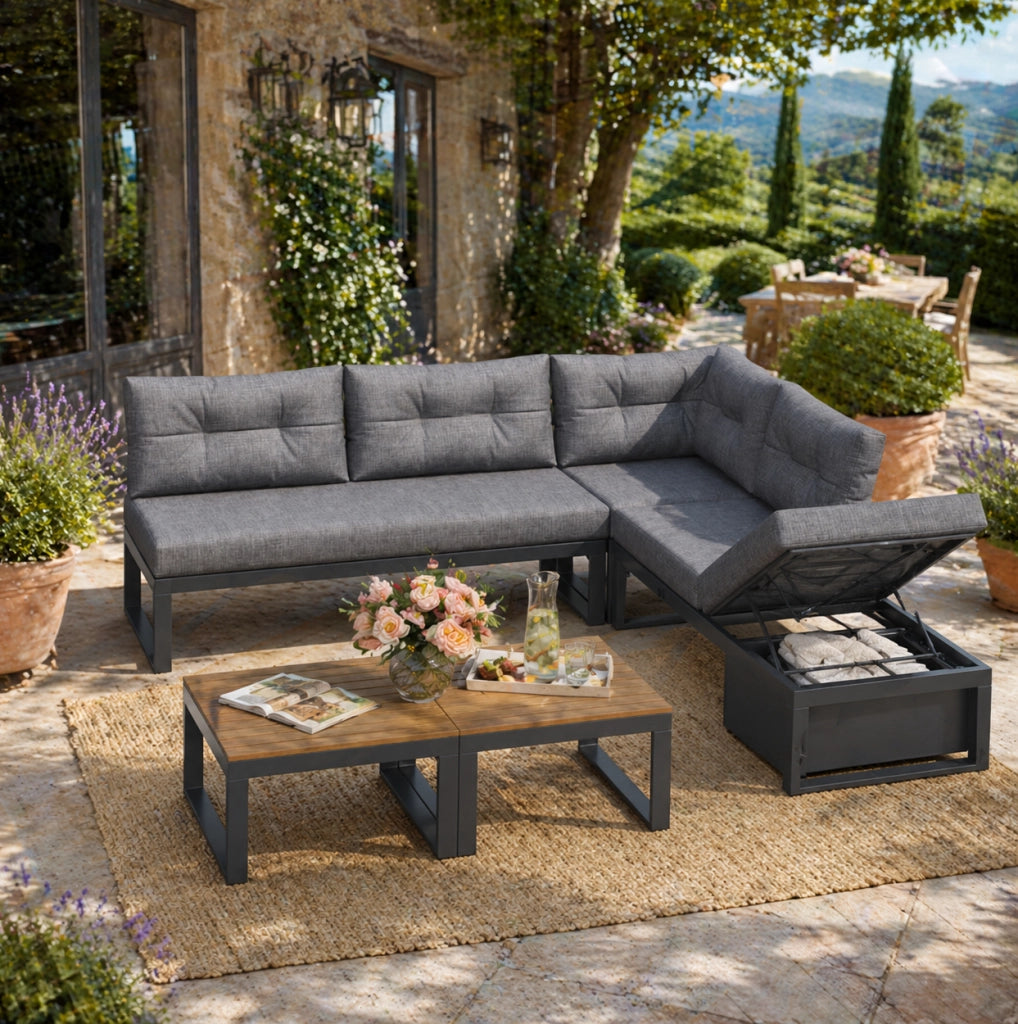 Set da giardino modulare grigio con schienale regolabile, contenitore e cuscini confortevoli