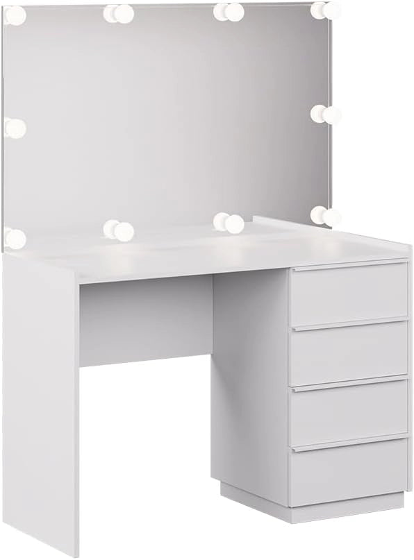 Tavolo da toeletta Viktoria, Bianco, 110 cm con specchio e illuminazione a LED, porta un tocco moderno all’ambiente