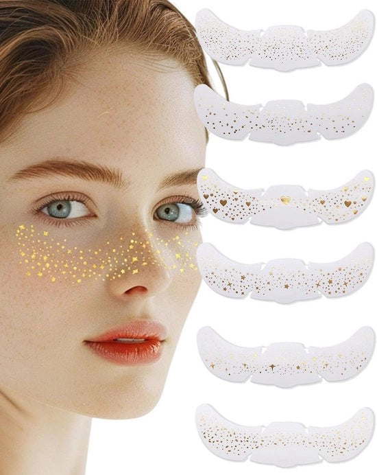 Set di 6 Glitter Tattoos Temporanei a Oro: Stelline e Pupicke Idrofile per Festeggiamenti