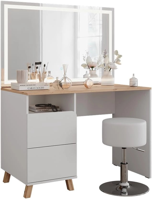 Tavolo da toeletta Karen, Bianco/Artisan, 110 cm con sgabello e specchio LED, Materiali robusti per un utilizzo duraturo