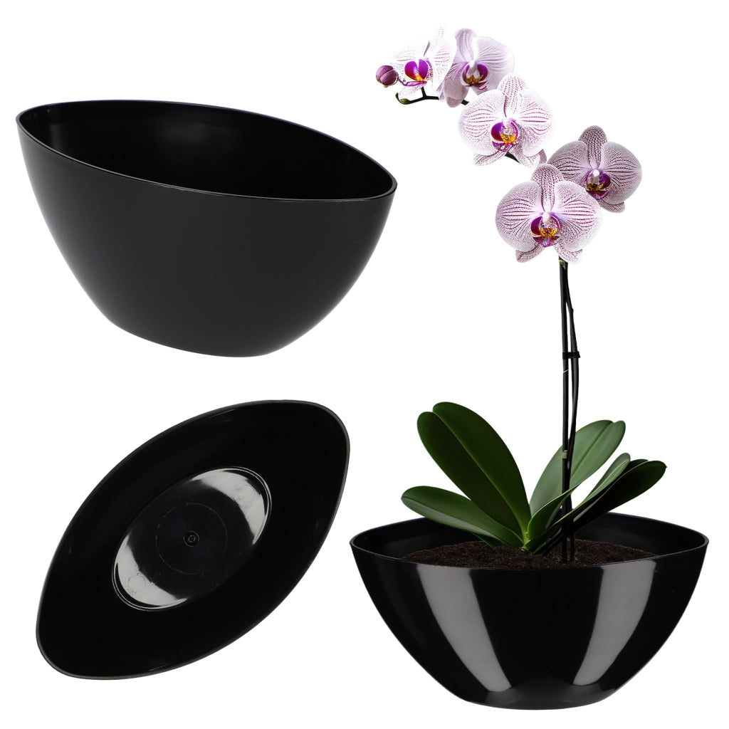 Vaso da fiori KADAX ovale da 21 cm con coperchio in plastica nera.